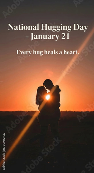 Fototapeta Couple Embracing at Sunset with Text for National Hugging Day embrace silhouette