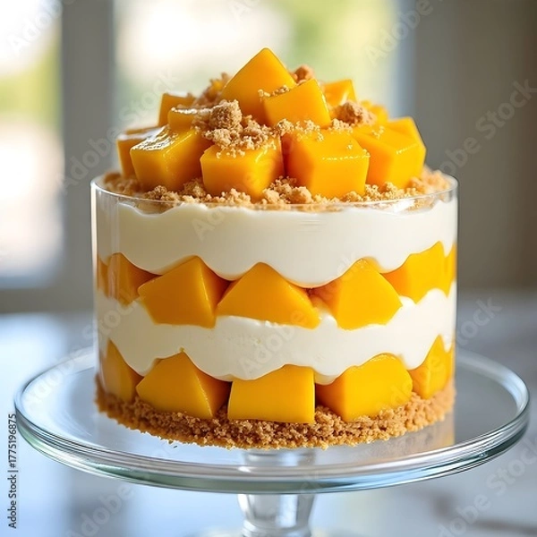 Obraz A delicious Mango Graham Cake (Mango Float) displayed on a glass cake stand, with perfectly layered textures