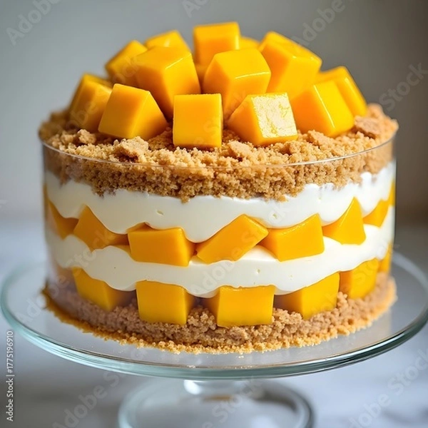 Obraz A delicious Mango Graham Cake (Mango Float) displayed on a glass cake stand, with perfectly layered textures