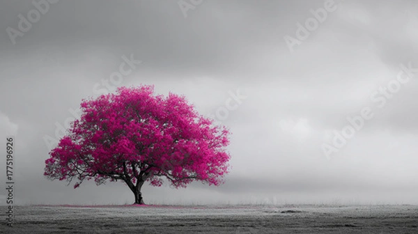 Fototapeta Bright pink tree against a monochrome sky