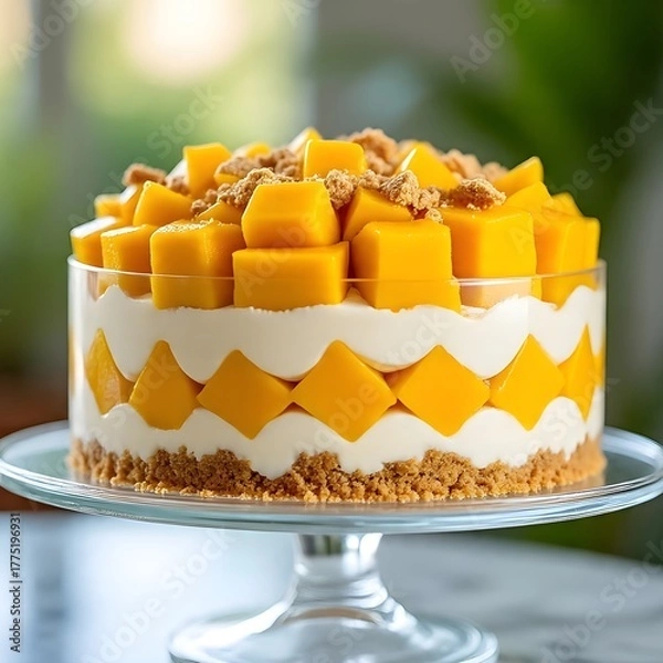 Obraz A delicious Mango Graham Cake (Mango Float) displayed on a glass cake stand, with perfectly layered textures