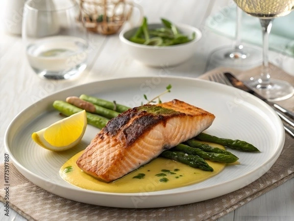 Fototapeta Gourmet plated dish of roasted salmon with fresh asparagus, lemon wedge, and a yellow sauce for a healthy fine dining experience