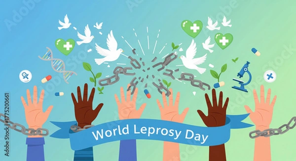 Fototapeta Diverse Hands Breaking Chains for World Leprosy Day with Medical Symbols disease freedom