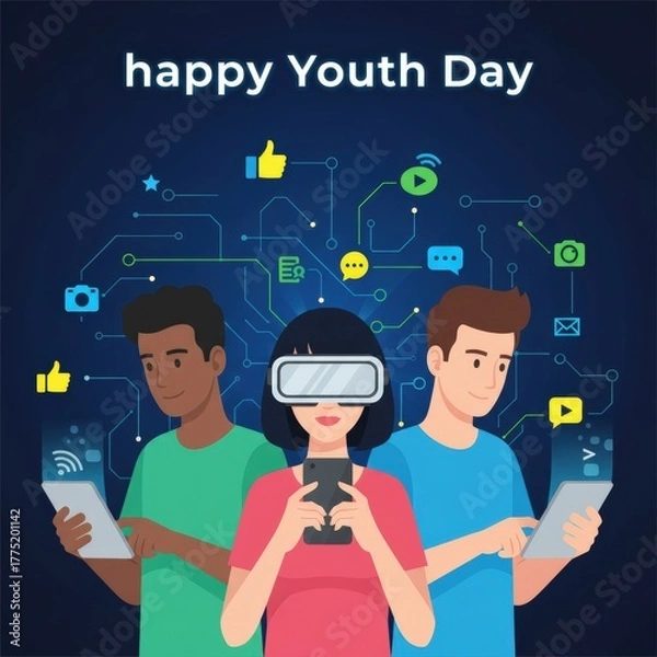 Fototapeta Diverse Youth Engaged with Technology and Digital Devices happy