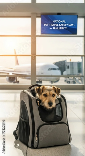 Fototapeta Dog in Carrier at Airport Terminal for National Pet Travel Safety Day image photo