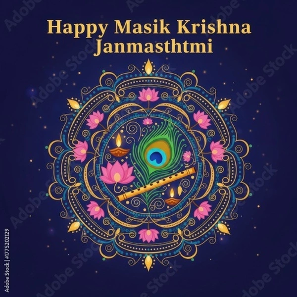 Fototapeta Elaborate Mandala Design with Peacock Feather and Flute for Krishna Janmashtami Hindu festival