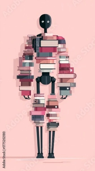 Fototapeta Humanoid figure conceptualizing artificial intelligence and learning, built from a stack of books, showing education and modern technology
