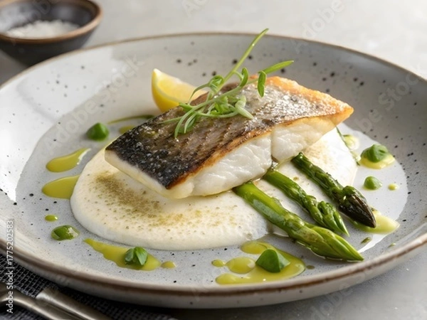 Fototapeta Grilled fish fillet on a bed of white sauce with asparagus and lemon, a gourmet dining experience