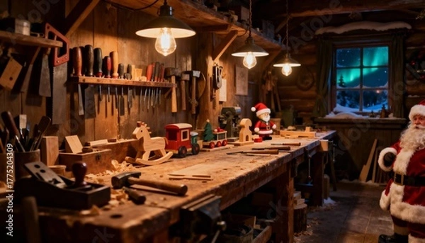 Fototapeta Santas workshop filled with wooden toys and tools, with a view of the aurora borealis outside