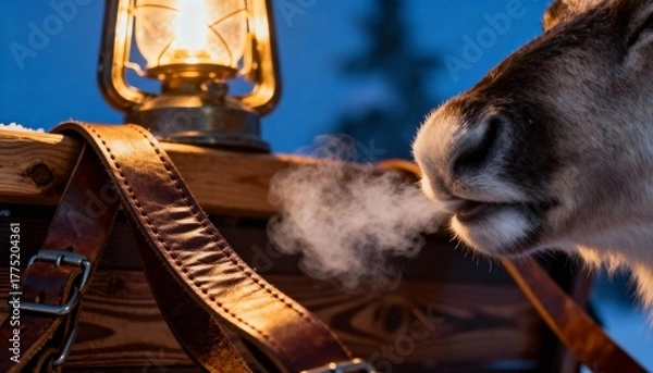 Fototapeta Close up of a reindeers breath steaming in the cold air next to a lantern