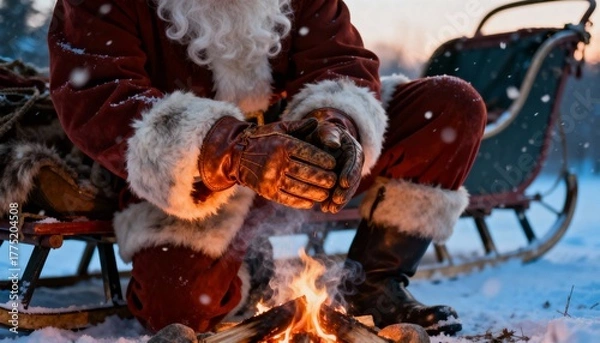 Fototapeta Santa claus sitting by a campfire in the snow with his sleigh in the background