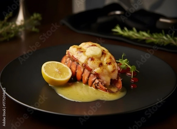 Fototapeta Grilled Lobster Tail with Lemon Butter Sauce on a Black Plate