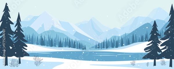 Fototapeta A beautiful winter mountain landscape with a lake and forest in snowy weather. A winter Christmas landscape with beautiful mountains and a lake. Vector illustration of a winter landscape for design.