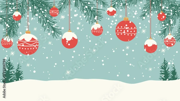 Fototapeta Christmas landscape with a snowy forest framed by pine branches, Christmas balls, and decorations. Vector illustration of a Christmas landscape for a holiday background.