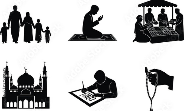 Fototapeta Islamic culture silhouette set, prayer and mosque illustration, family walking, market scene, calligraphy art, religious devotion, black vector design