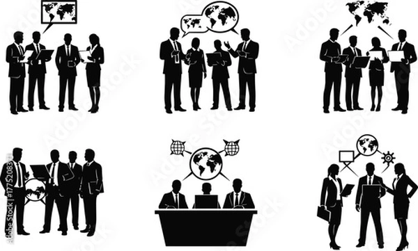 Fototapeta Global business, corporate teamwork, international strategy, office collaboration, financial planning, communication network, world map presentation, flat vector