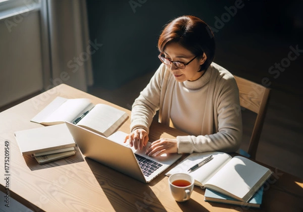 Obraz 眼鏡をかけたシニア女性が、日当たりの良いテーブルでノートパソコンを快適に使用している様子。生涯学習。アジア人、日本人