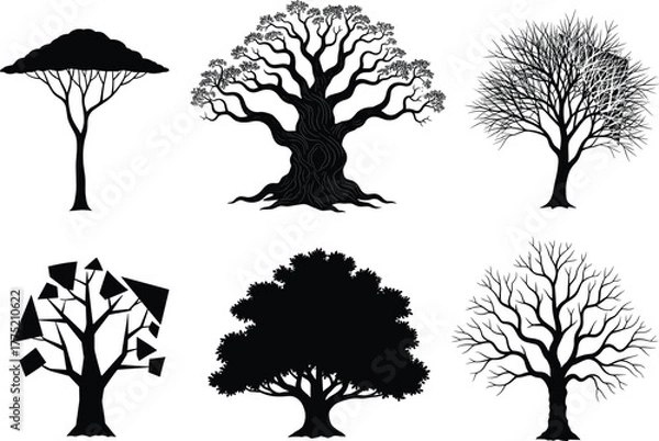 Fototapeta Tree silhouette set, abstract tree, umbrella canopy, baobab shape, winter branches, artistic foliage, nature design, botanical elements, forest icons