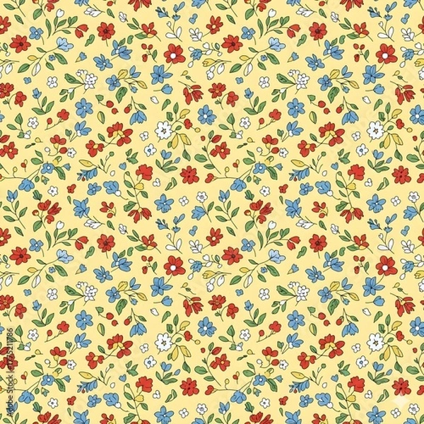 Fototapeta Seamless floral pattern, elegant ditsy print with hand drawn wild flowers. Beautiful botanical design in vintage rustic motif, small flowers, tiny leaves, simple bunch on yellow. Vector illustration. 