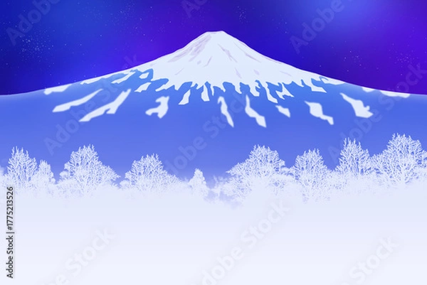 Obraz 夜の富士山と木、雪、冬の背景イラスト