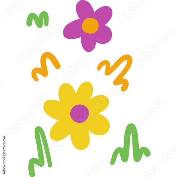 Fototapeta Whimsical yellow and purple flowers with green grass elements on a transparent background