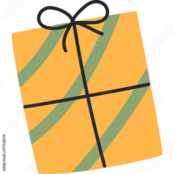 Obraz Yellow gift box with green stripes and black ribbon bow simple illustration isolated on white background with no shadows and no gradient clean design graphic element