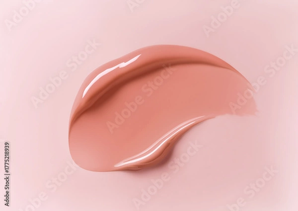Fototapeta Tea rose color lip gloss swatch on pastel background. Close-up of liquid lipstick, glossy texture, horizontal flatlay. Professional studio light