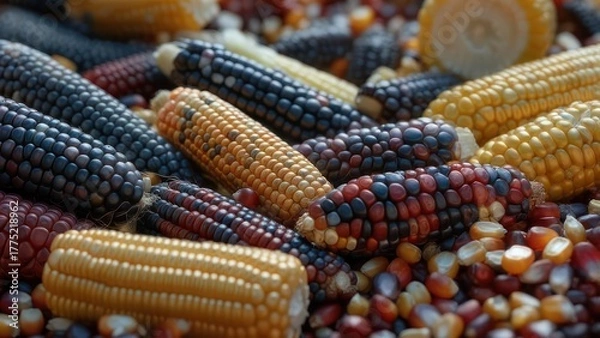 Fototapeta Colorful Assortment of Heirloom Corn Varieties Displayed Close-Up.