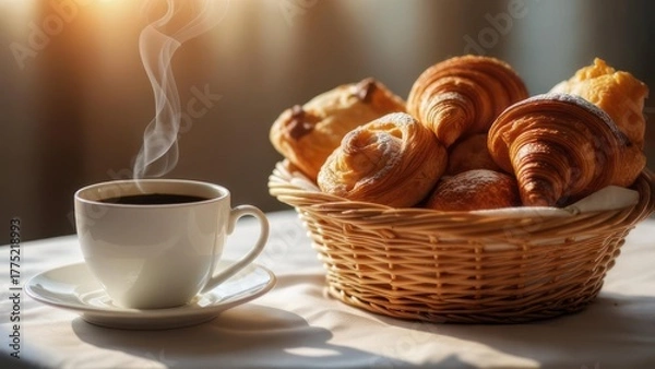 Fototapeta Steaming Coffee Cup and Basket of Fresh Croissants on a Table.