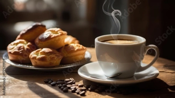 Fototapeta Steaming Coffee Cup and Pastries on a Wooden Table with Coffee Beans.