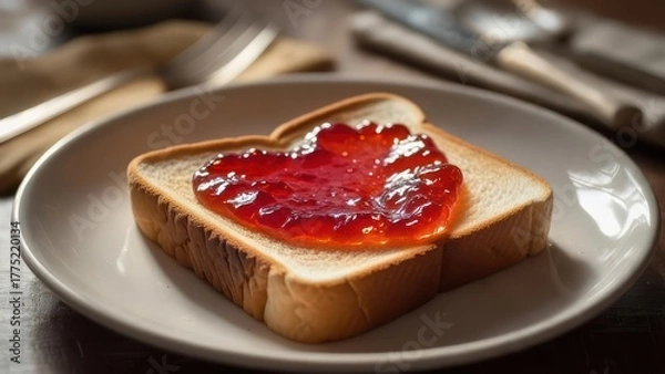 Fototapeta Heart-shaped strawberry jam on a slice of white bread, served on a white plate.