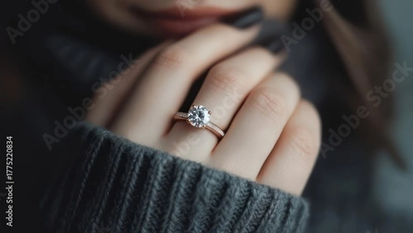 Obraz Close up of a womans hand wearing a diamond engagement ring.