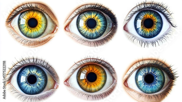 Fototapeta Collection of human eyes with different iris colors close-up detail of diverse eye colors isolated on white background