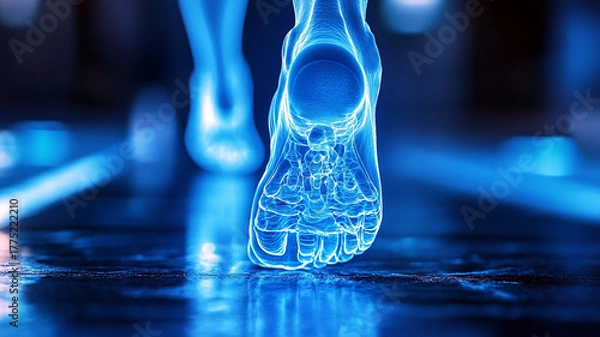 Fototapeta Human foot anatomy in blue digital rendering of foot bones and structure medical illustration