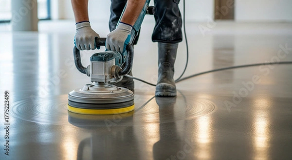 Fototapeta Professional worker polishes concrete floor in modern building for renovation