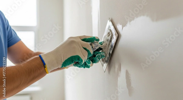 Obraz Skilled handyman smoothing plaster on interior wall with trowel tool