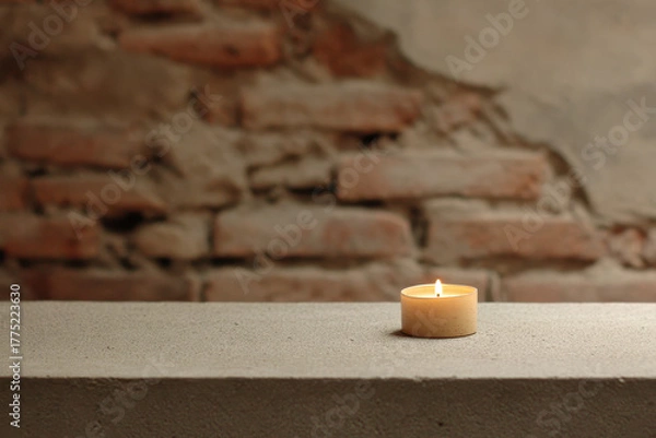 Fototapeta small flickering candle stands alone against backdrop of aged brick wall creating captivating contrast