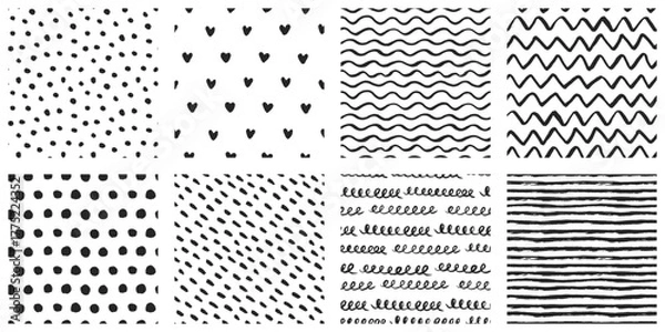 Fototapeta Hand-drawn ink pattern collection with brush-painted seamless abstract backgrounds in black and white. Black specks, waves, zigzags, stripes, hearts, polka dots, spotted patterns.