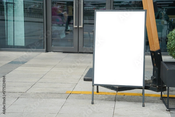 Fototapeta Blank white outdoor advertising stand sandwich board mock up template. Clear street signage board placed by an outdoor dinning area of a restaurant.