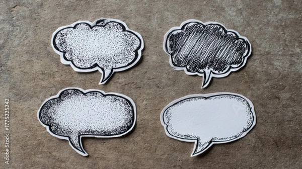 Fototapeta Creative speech bubbles for dialogue illustration studio setup graphic design minimalist style top-down view communication concept