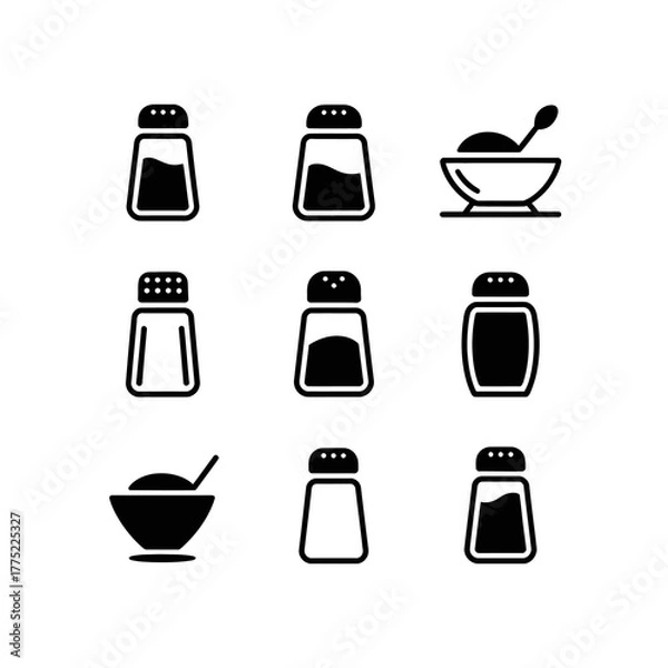Obraz Variety of culinary seasoning shakers and spice bowl vector icon collection