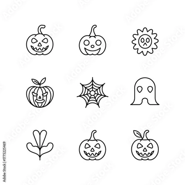 Obraz Halloween graphic line art collection featuring pumpkins, ghosts, and spider webs