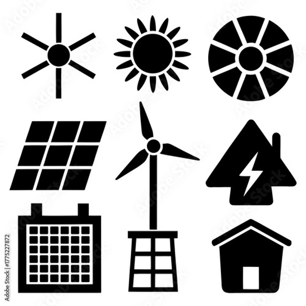 Obraz Sustainable Power Icons — Solar Panel, Battery, Wind Turbine, Plug.