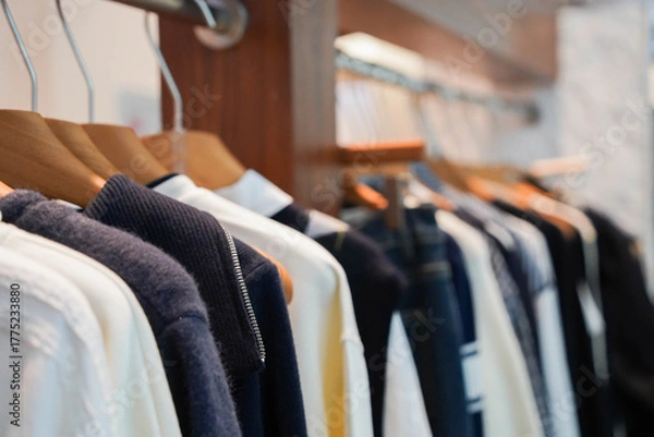 Fototapeta Multi-colored warm knitted sweaters hang on wooden hangers in clothing store.