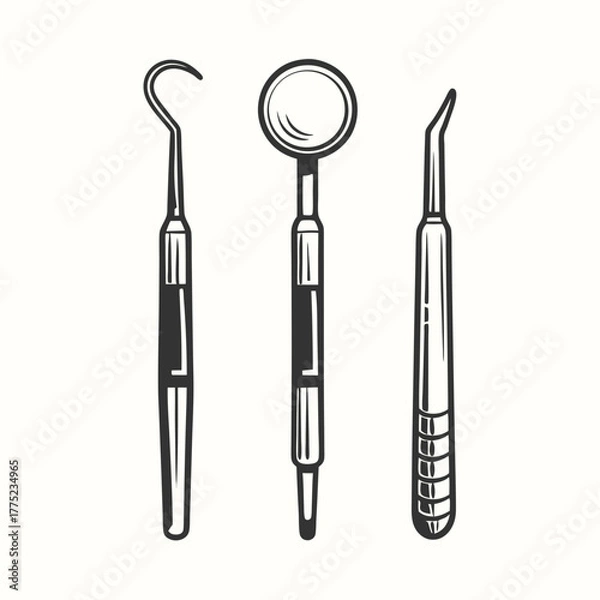 Fototapeta Dental instruments including a probe, mirror, and curette are presented in detailed monochrome view