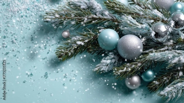 Obraz Holiday decorations with ornaments on snowy pine festive background still life cozy atmosphere aesthetic viewpoint