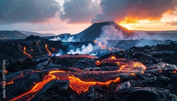 Fototapeta Molten Lava Flowing Down Volcano Slope Under Dramatic Sunset Sky with Smoke Plumes Rising