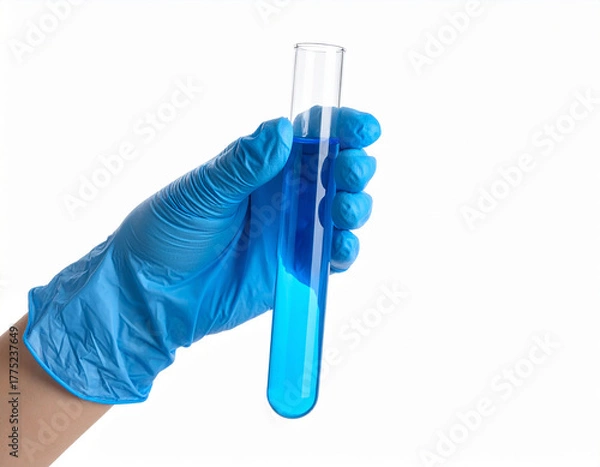 Fototapeta Scientist’s gloved hands holding a glass test tube filled with blue liquid in a laboratory, symbolizing biotechnology, chemistry, and medical research precision.