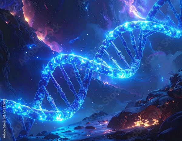 Fototapeta 3D render of a glowing blue DNA double helix strand on a dark background, symbolizing genetics, molecular biology, and biotechnological innovation.