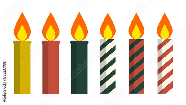Obraz Christmas candles illustration set with colorful flat style holiday designs featuring striped and solid wax patterns in red, green, ivory, and gold, perfect for winter decorations.